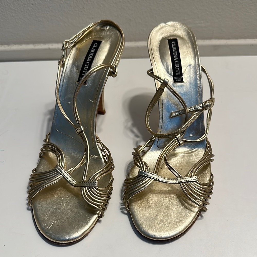 Gianni Bini Gold Heels with Intricate Strap Design